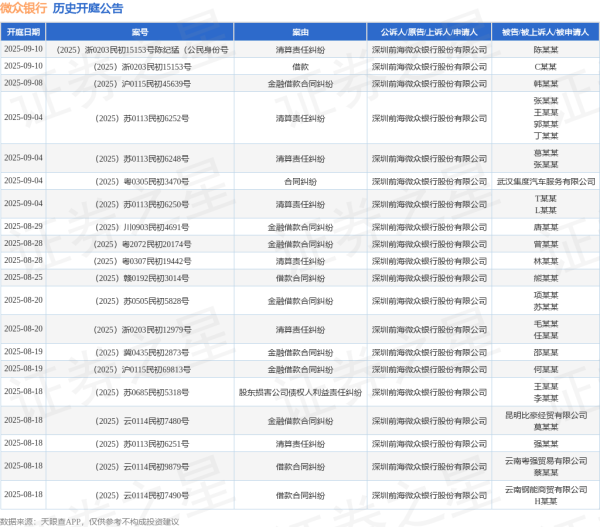 华夏国际 微众银行作为被告/被上诉人的1起涉及借款的诉讼将于2025年7月15日开庭